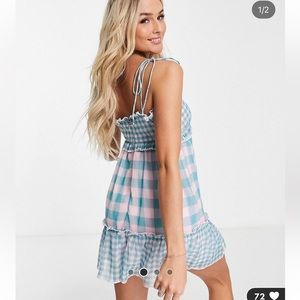 Miss Selfridge chiffon frill detail mini slip dress in blue gingham print